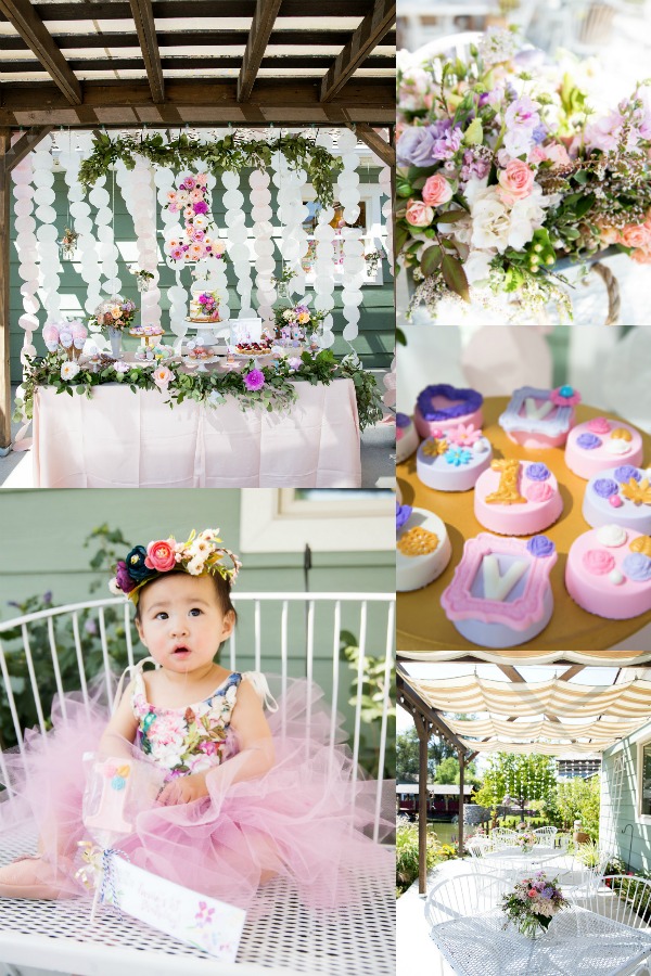 Photo collage from garden party theme including dessert table, flowers, and birthday outfit.