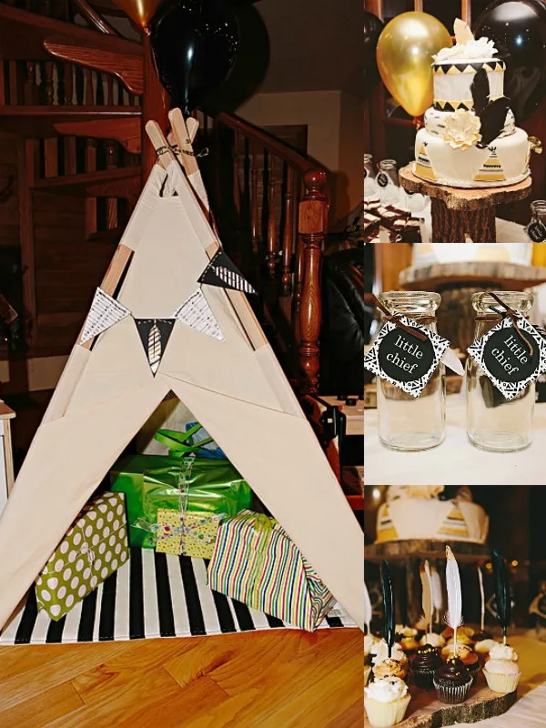 Photo collage from little chief party theme including teepee, cake, and cupcakes.
