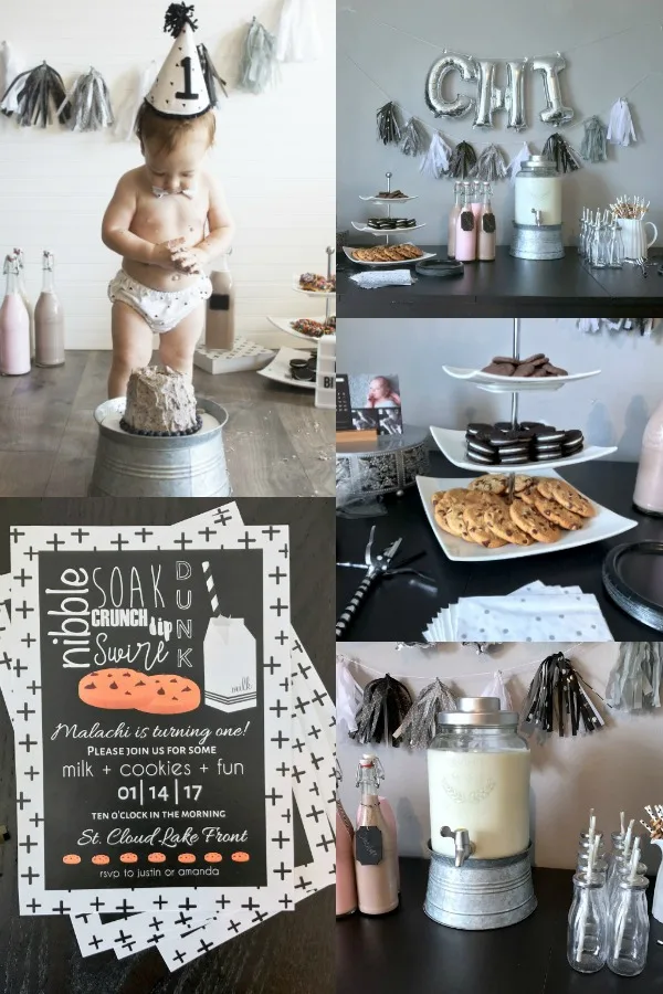 Photo collage from milk and cookies party theme including invitations, cookies, and birthday outfit.