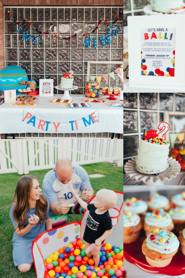 Photo collage from ball party theme including food table, cake, and birthday boy.