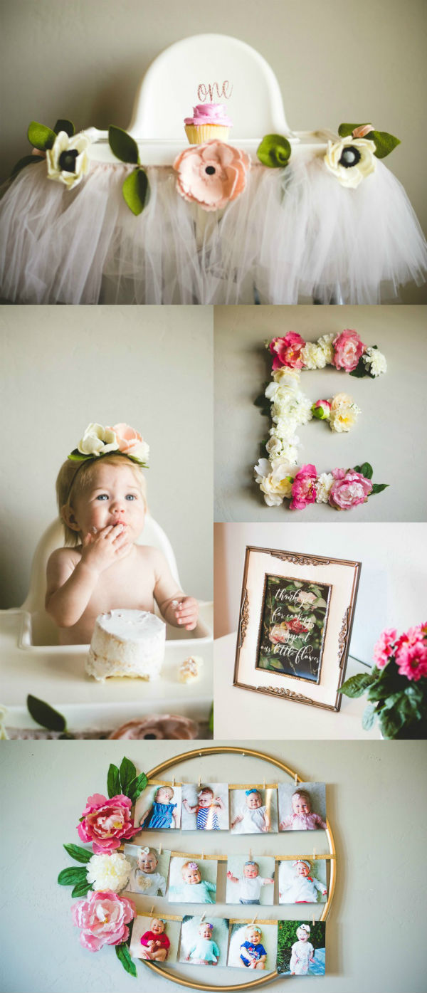 Photo collage from floral party theme including high chair banner, floral letter, and monthly photos.