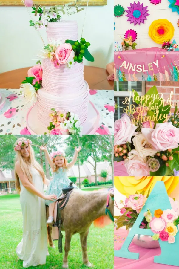 Photo collage from fairy garden party theme including table decor, cake, and pony ride.