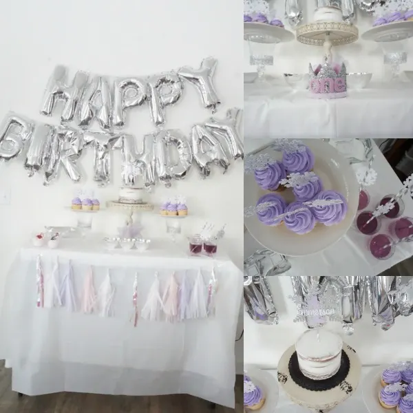 Photo collage from purple winter wonderland first birthday party theme.