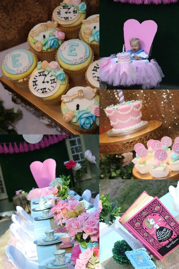 Photo collage from Alice in Wonderland party theme including cupcakes, cake, and table settings.