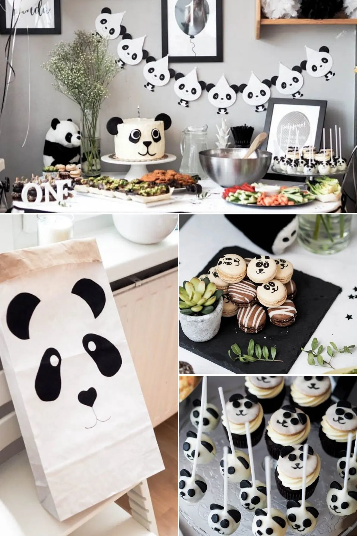 Collage of photos from panda first birthday party including food table, party bags, and panda pops.