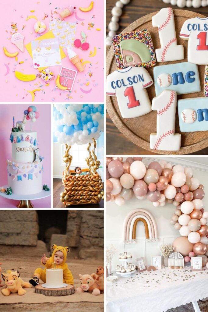 Photo collage of first birthday party themes including llama, Lion King, rainbow, and home one.