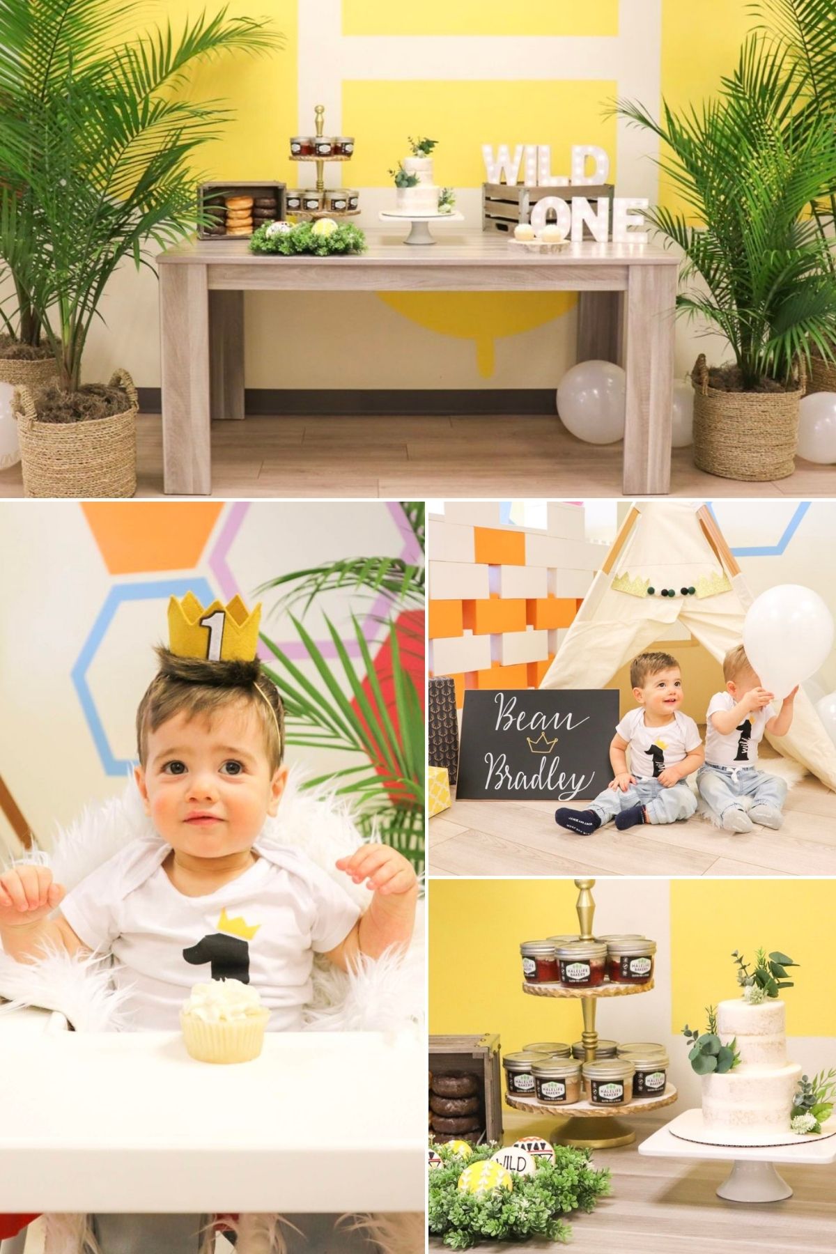 Photo collage from wild one first birthday party theme for twins.