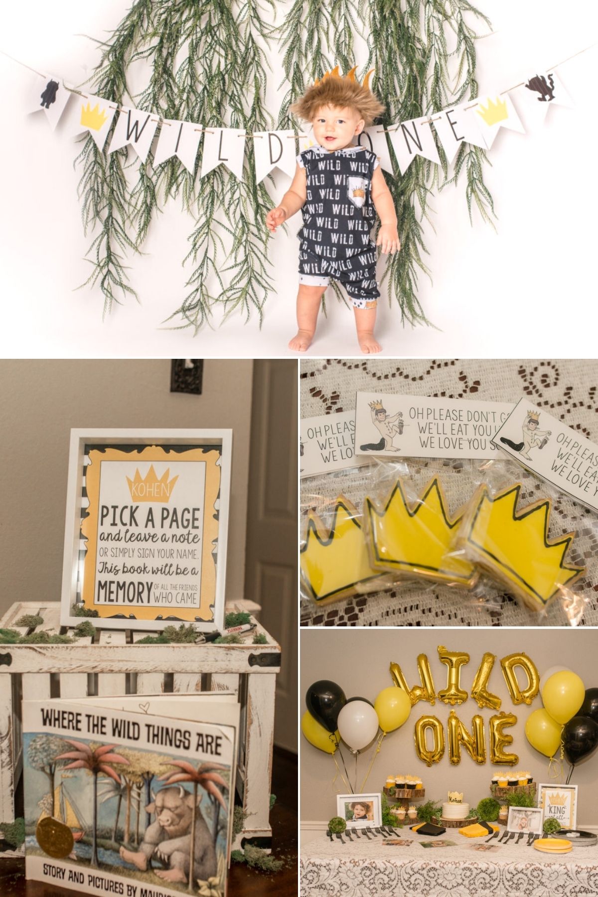 Photo collage from wild one party theme including favors, food table, and books.