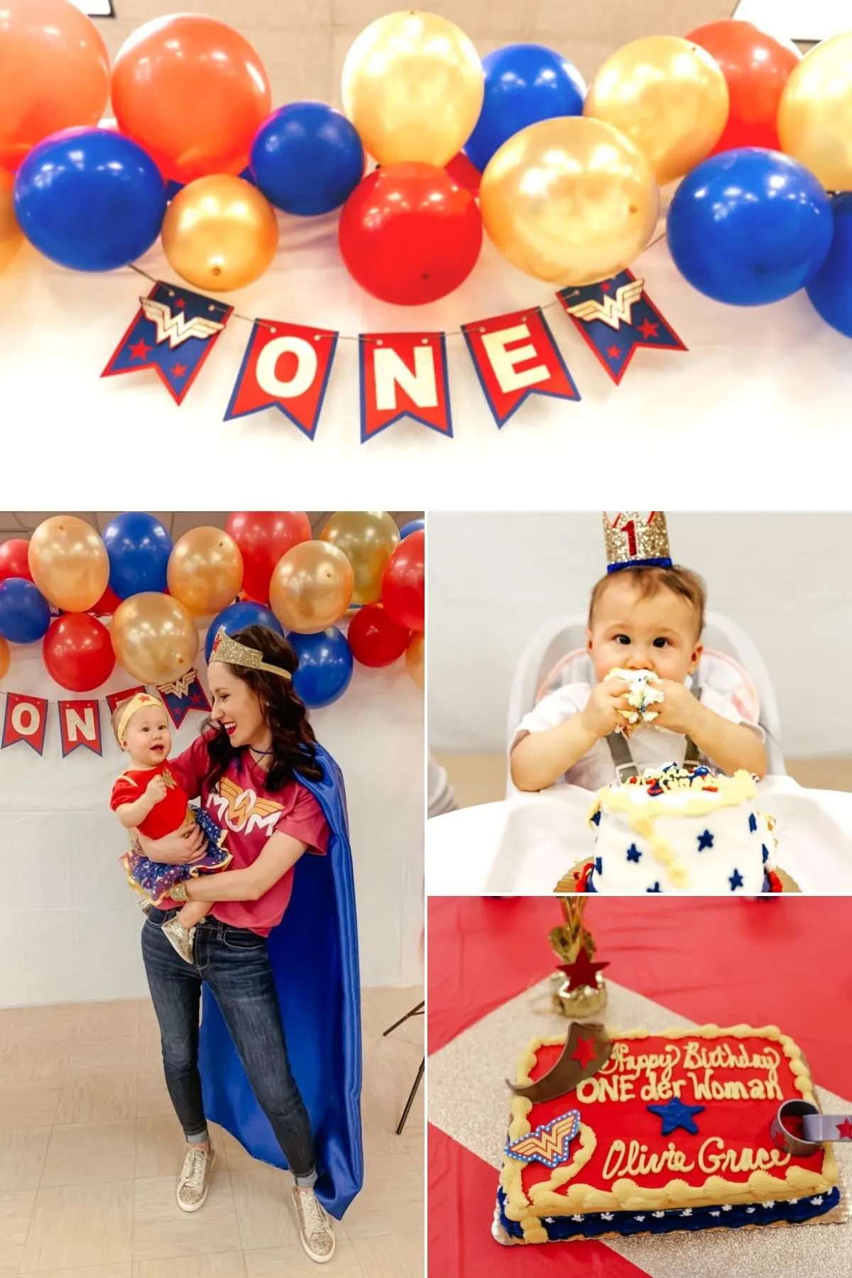 Collage of photos from Wonderwoman first birthday party theme.