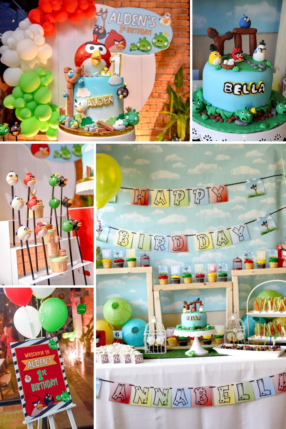 Photo collage for Angry Birds party theme including balloons, treats, and party favors.