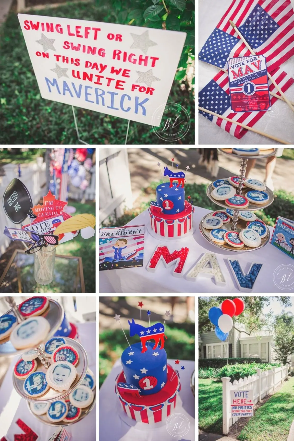 Photo collage for baby for president party theme including cakes, party signs, and American flags.
