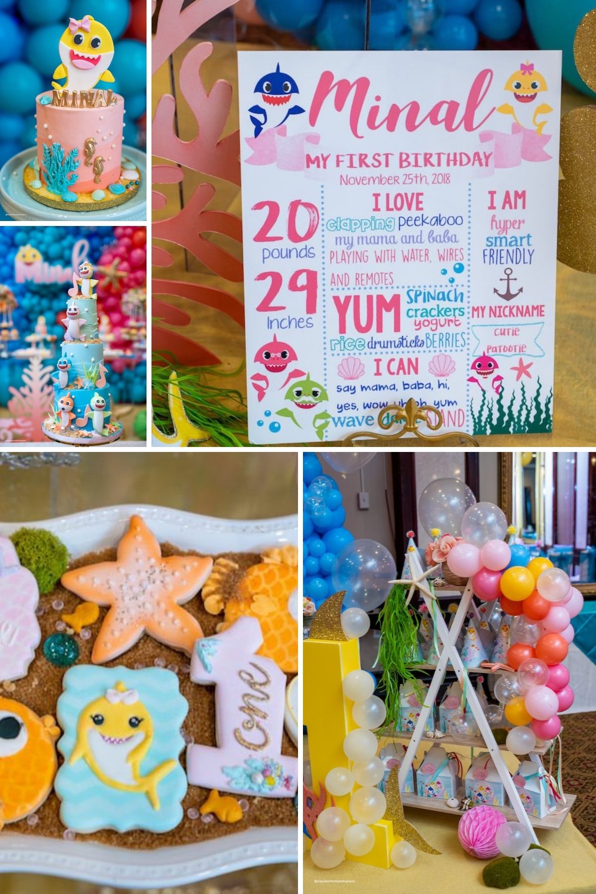 Photo collage for baby shark party theme including cookies, party signs, and cakes.