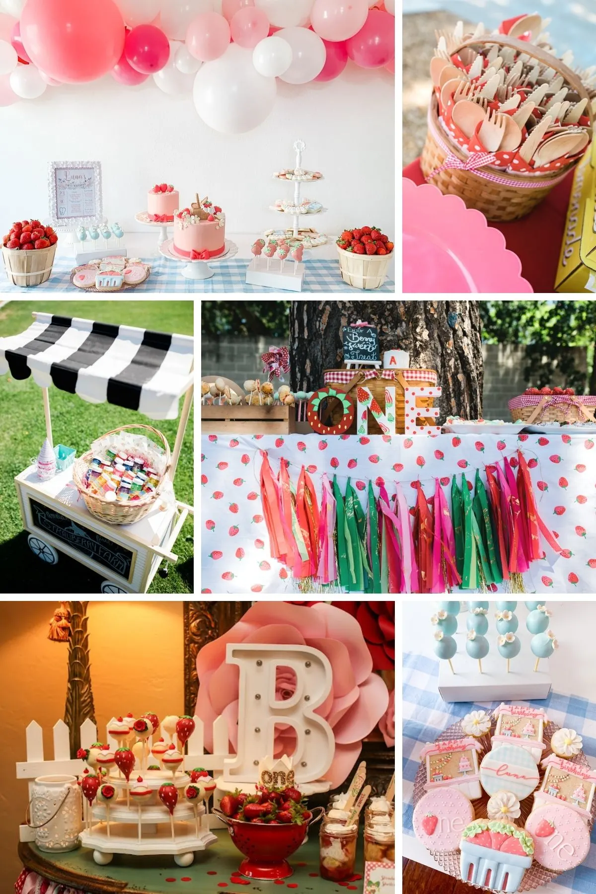 Photo collage for berry first birthday party theme including balloons, cookies, and cakes.