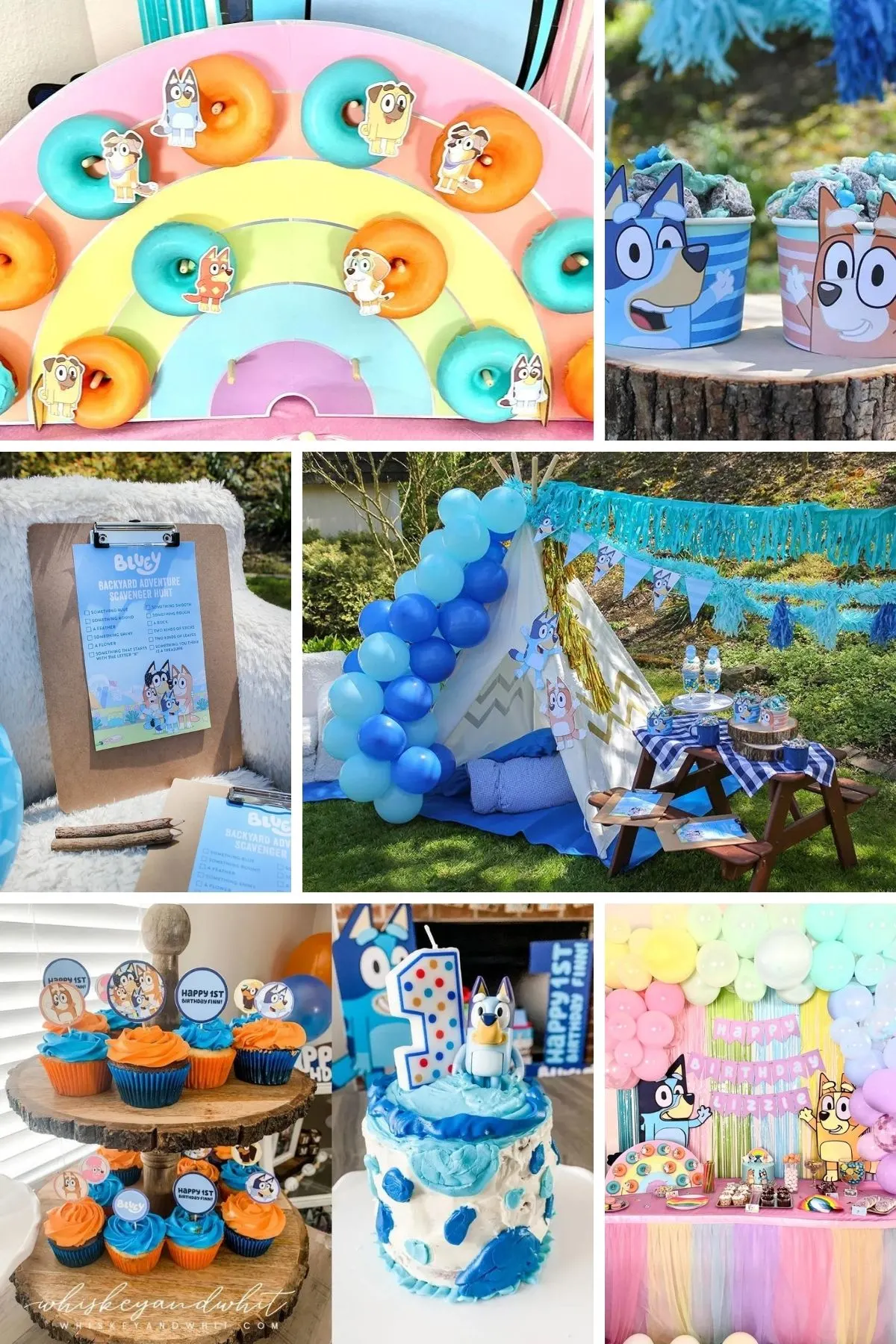 Photo collage for Bluey party theme including donuts, characters, and cupcakes.