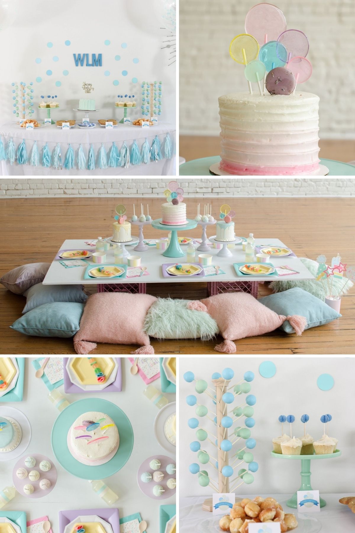 Photo collage for bubble party theme including cakes, table settings, and party favors.