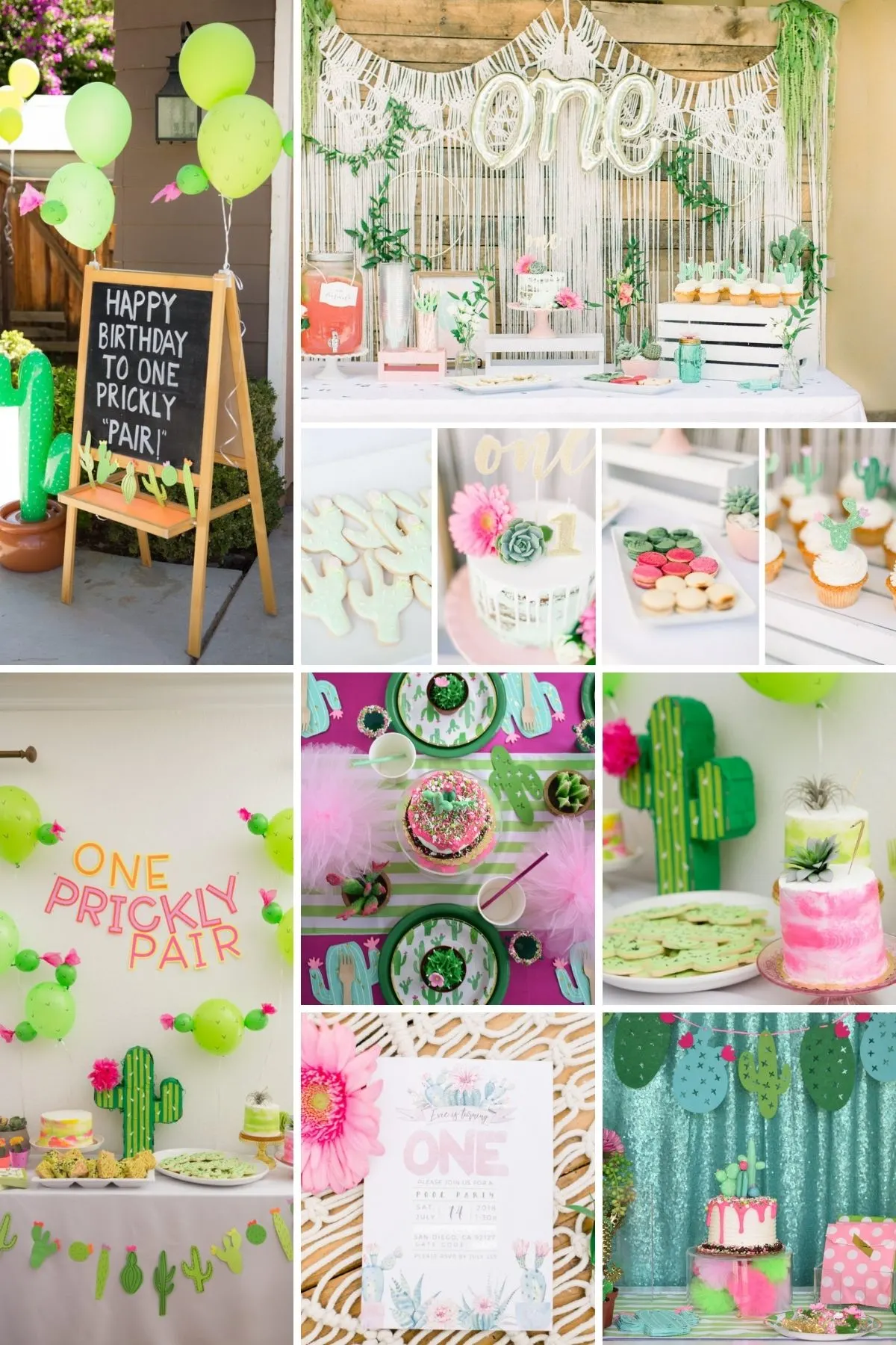 Photo collage for cactus party theme including party signs, balloons, cakes.