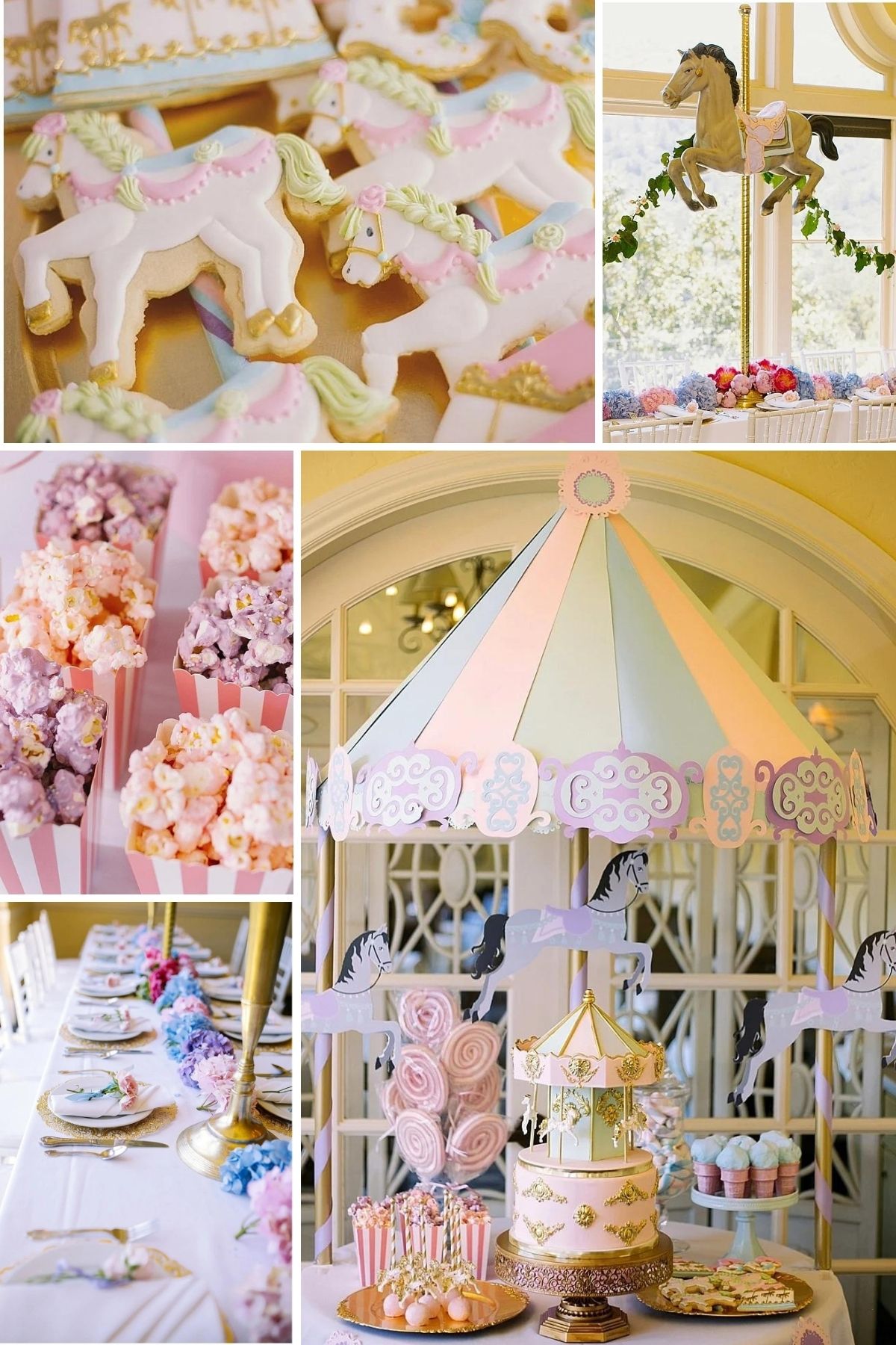 Photo collage for carousel party theme including cookies, balloons, and table settings.