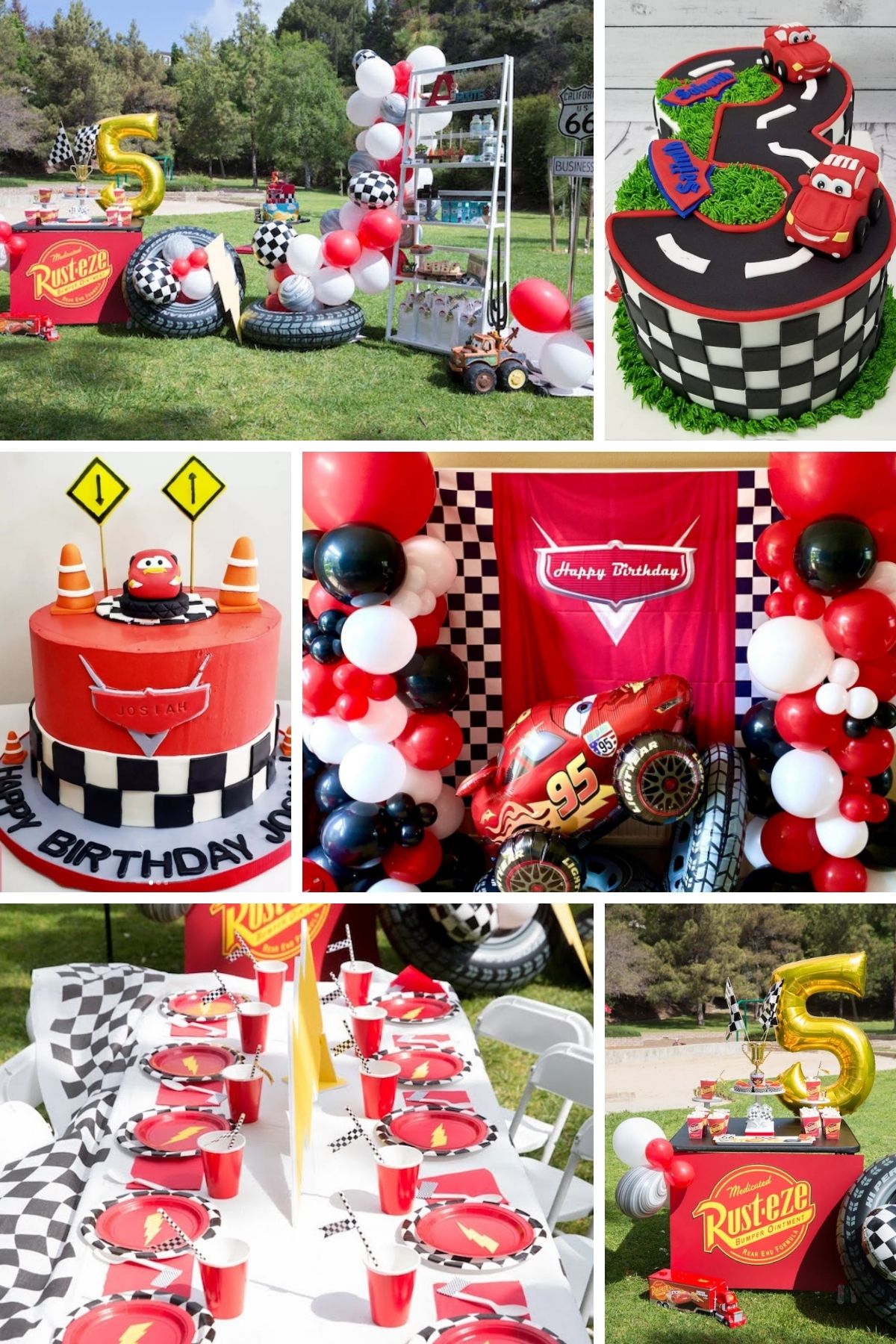 Photo collage for cars party theme including cakes, balloons, and tablescapes.