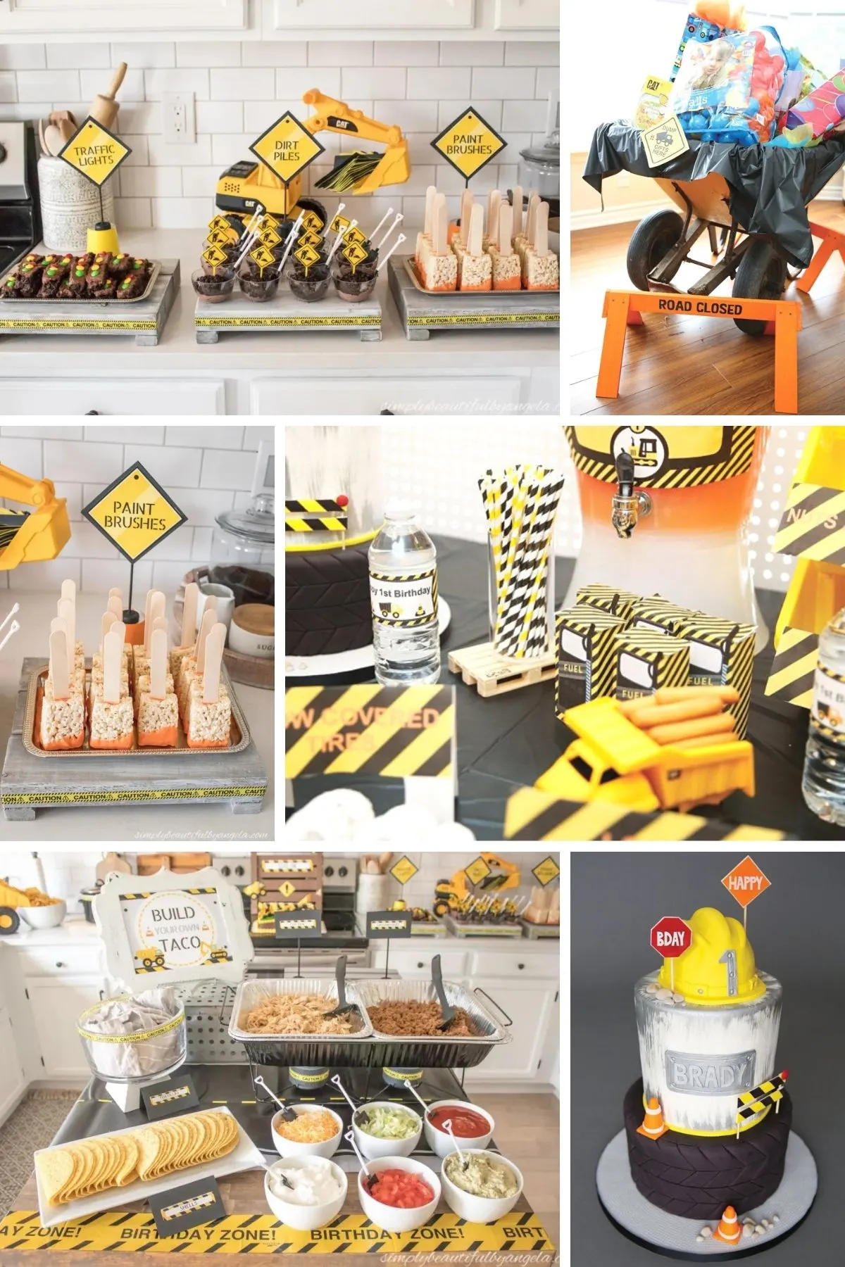 Photo collage for construction party theme including toy trucks and tractors, treats, and cakes.