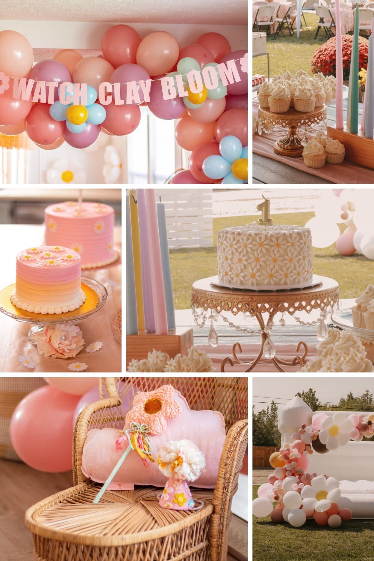 Photo collage for daisy party theme including balloons, cakes, and party favors.