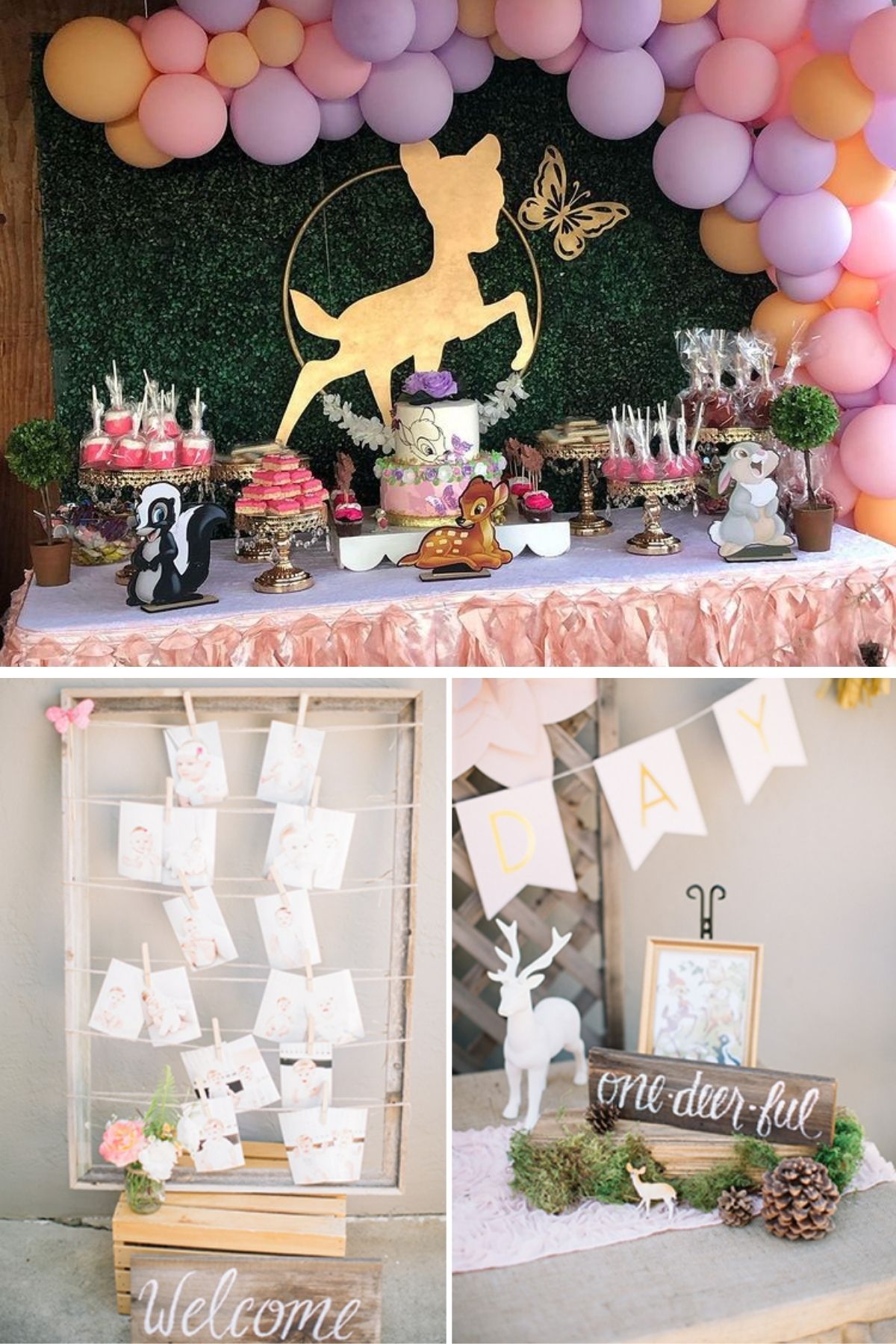 Photo collage for deer one party theme including balloons, decorations, and desserts.