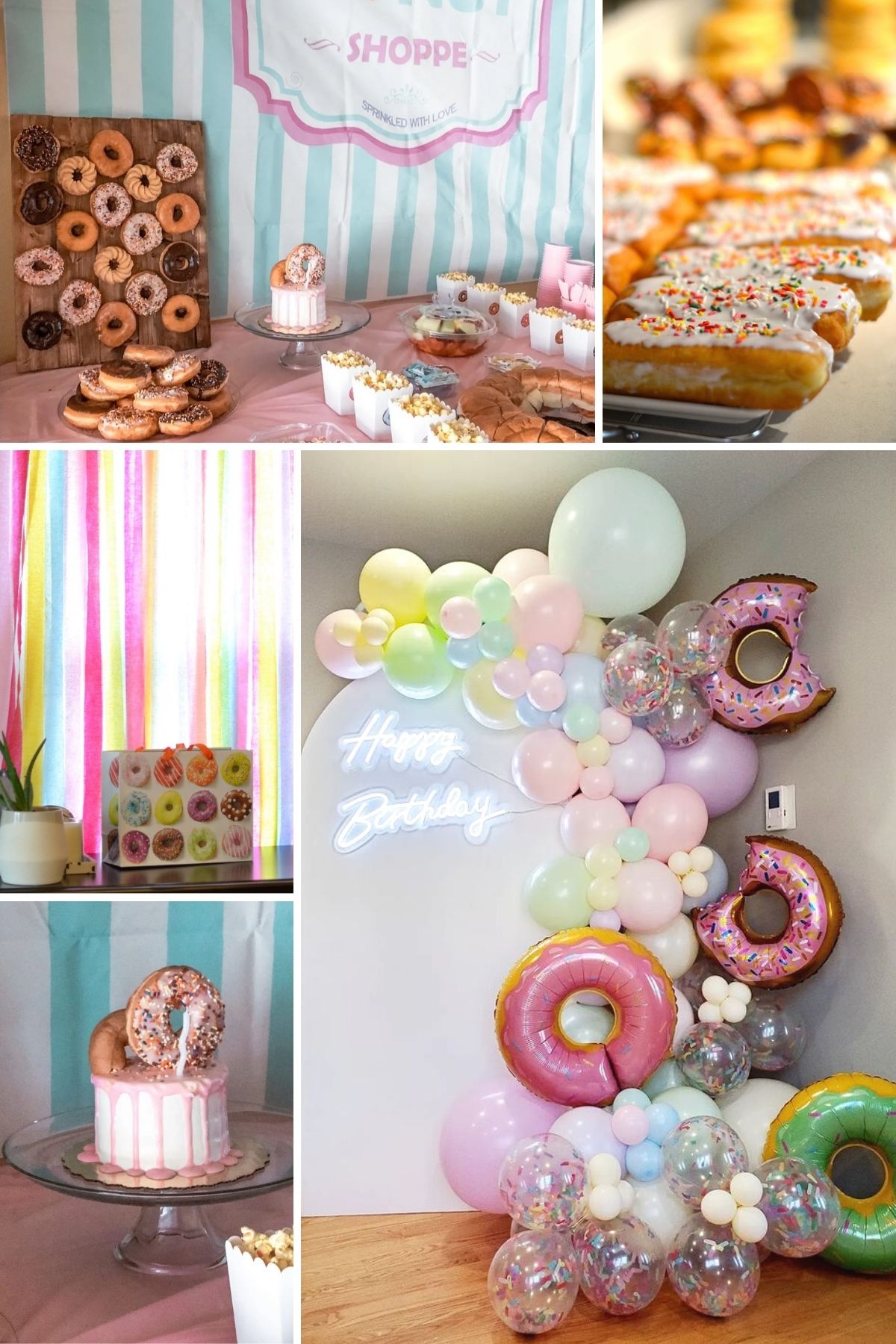 Photo collage for donut grow up party theme including balloons, cakes, and donuts.