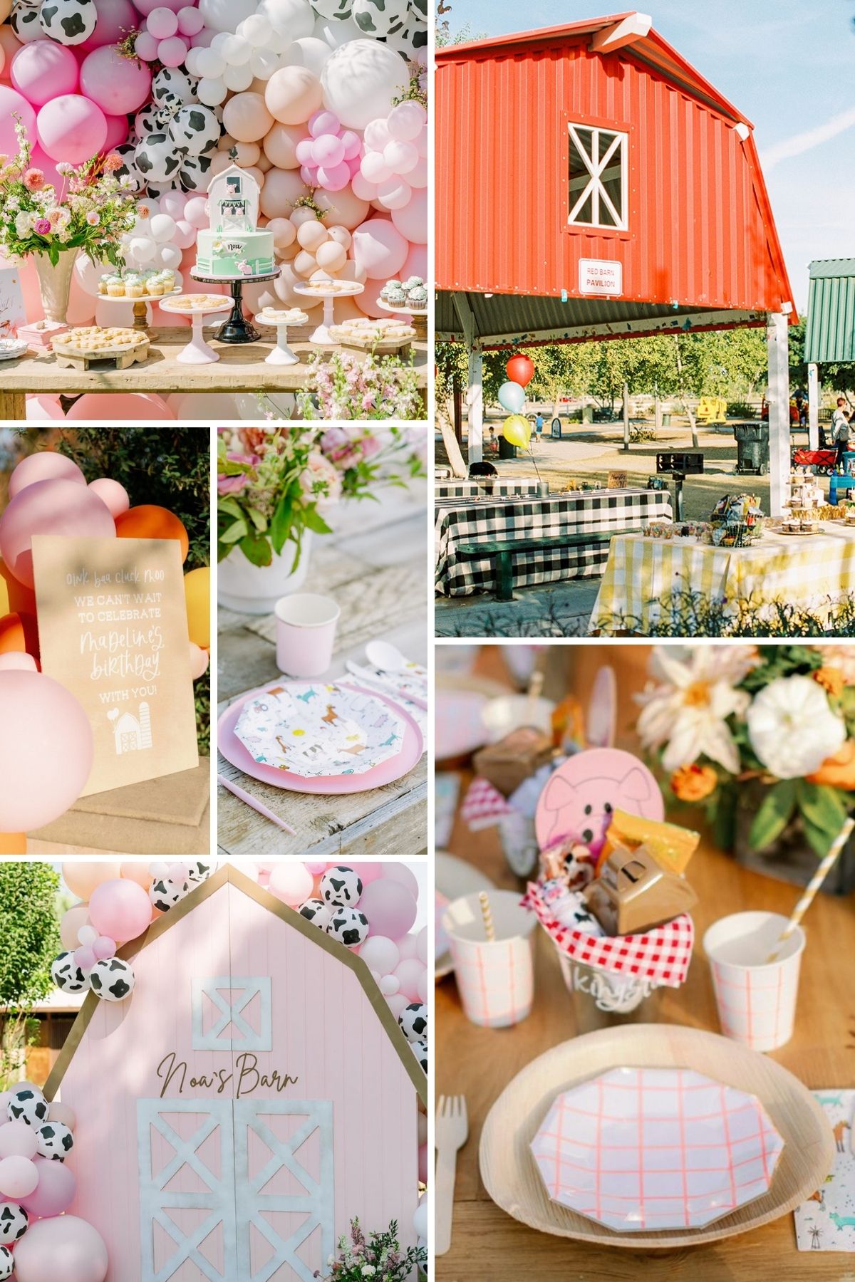 Photo collage for down of the farm party theme including table settings, balloons, and party favors.