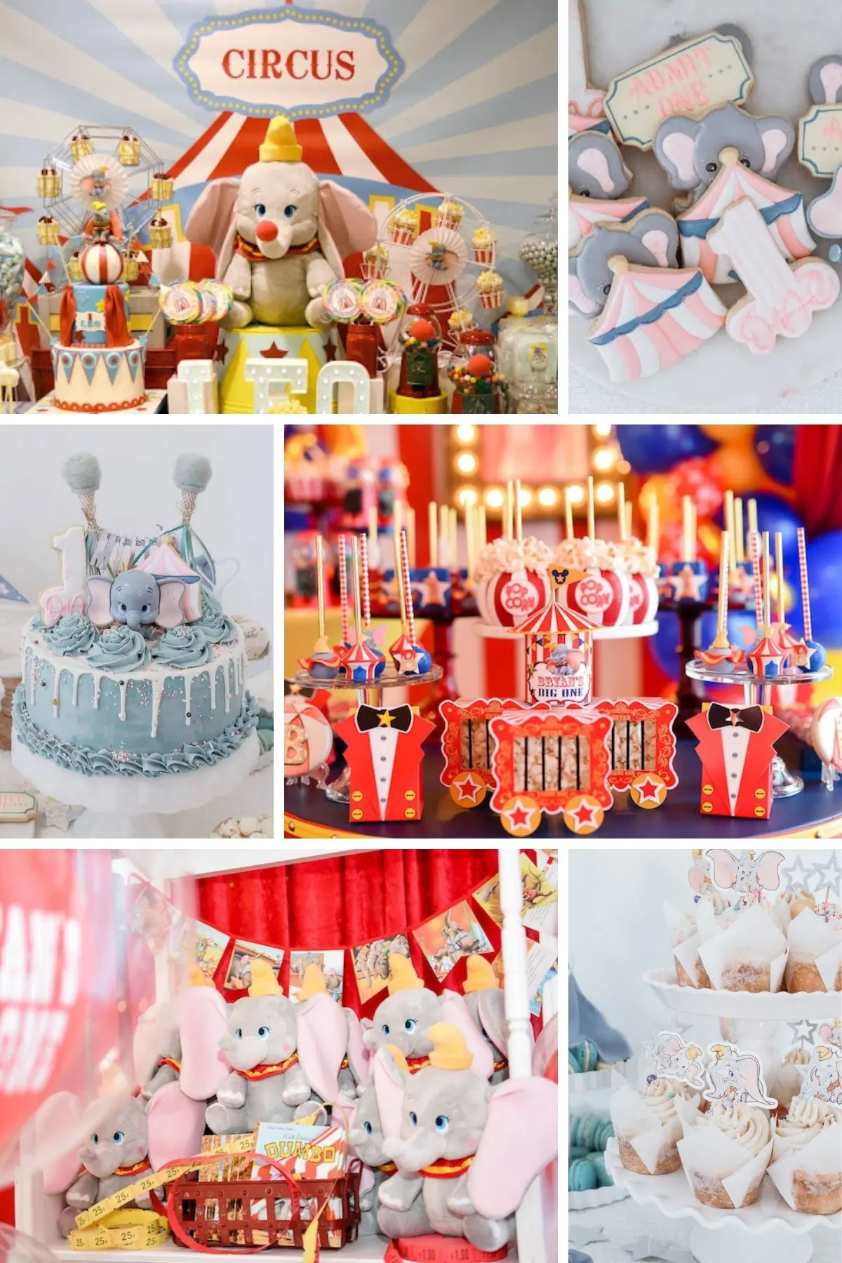 Photo collage for Dumbo party theme including cakes, cookies, and party favors.