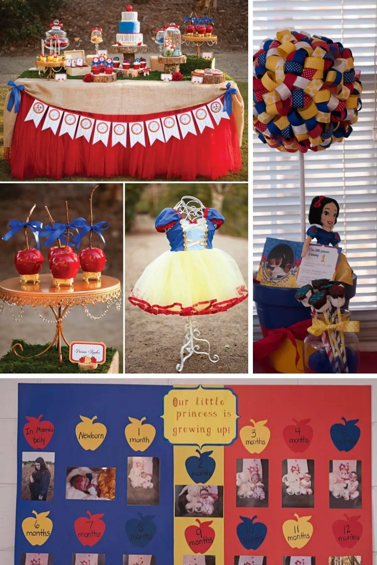 Photo collage for fairest one of all party theme including balloons, table settings, and party favors.