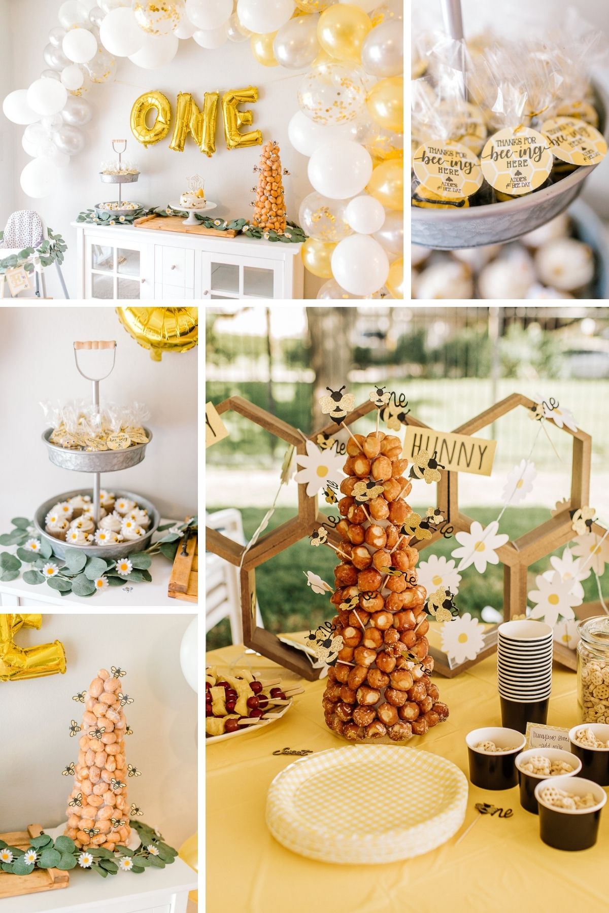Photo collage for first bee-day party theme including dessert table, cakes, and balloons.