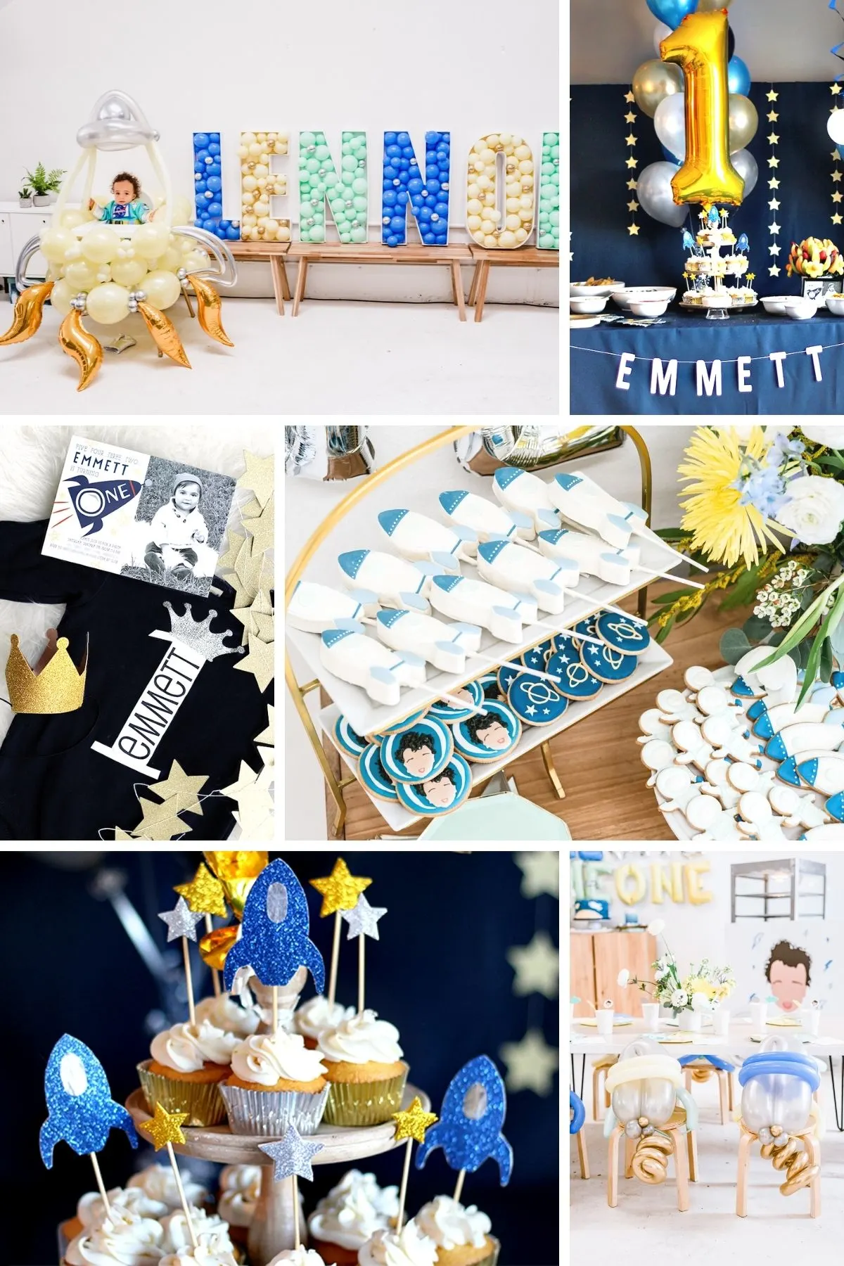 Photo collage for first launch party theme including balloons, cupcakes, and table settings.