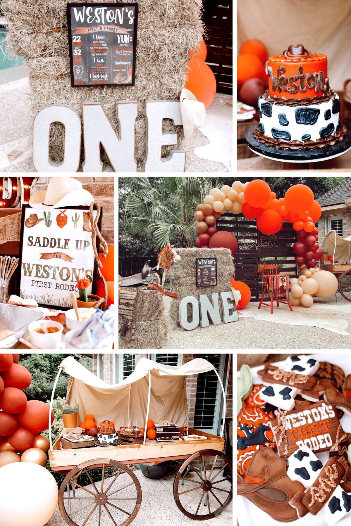 Photo collage of first rodeo party theme including cakes, party signs, and cookies.