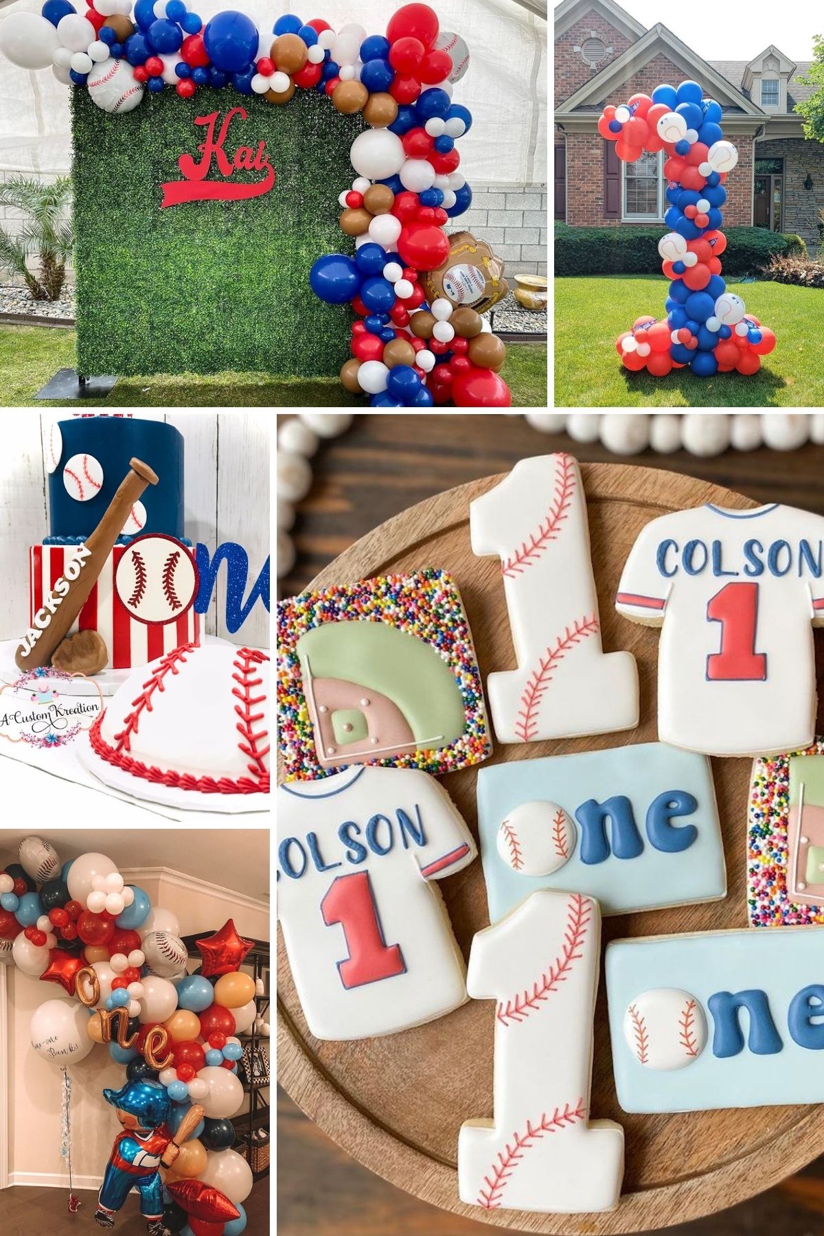 Photo collage from home one party theme including balloon garlands, cookies, and cakes.