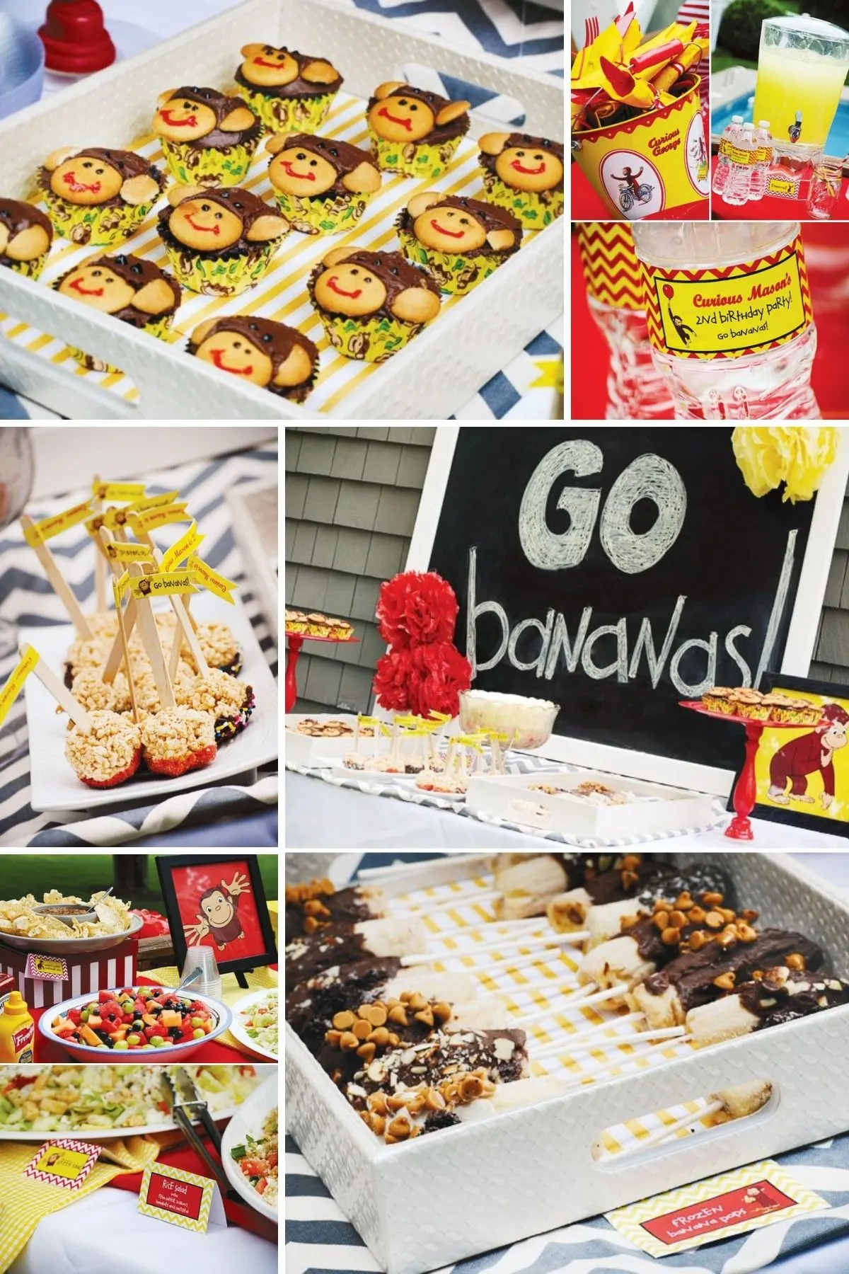 Photo collage from let's go bananas party theme including party signs, party foods, and cookies.