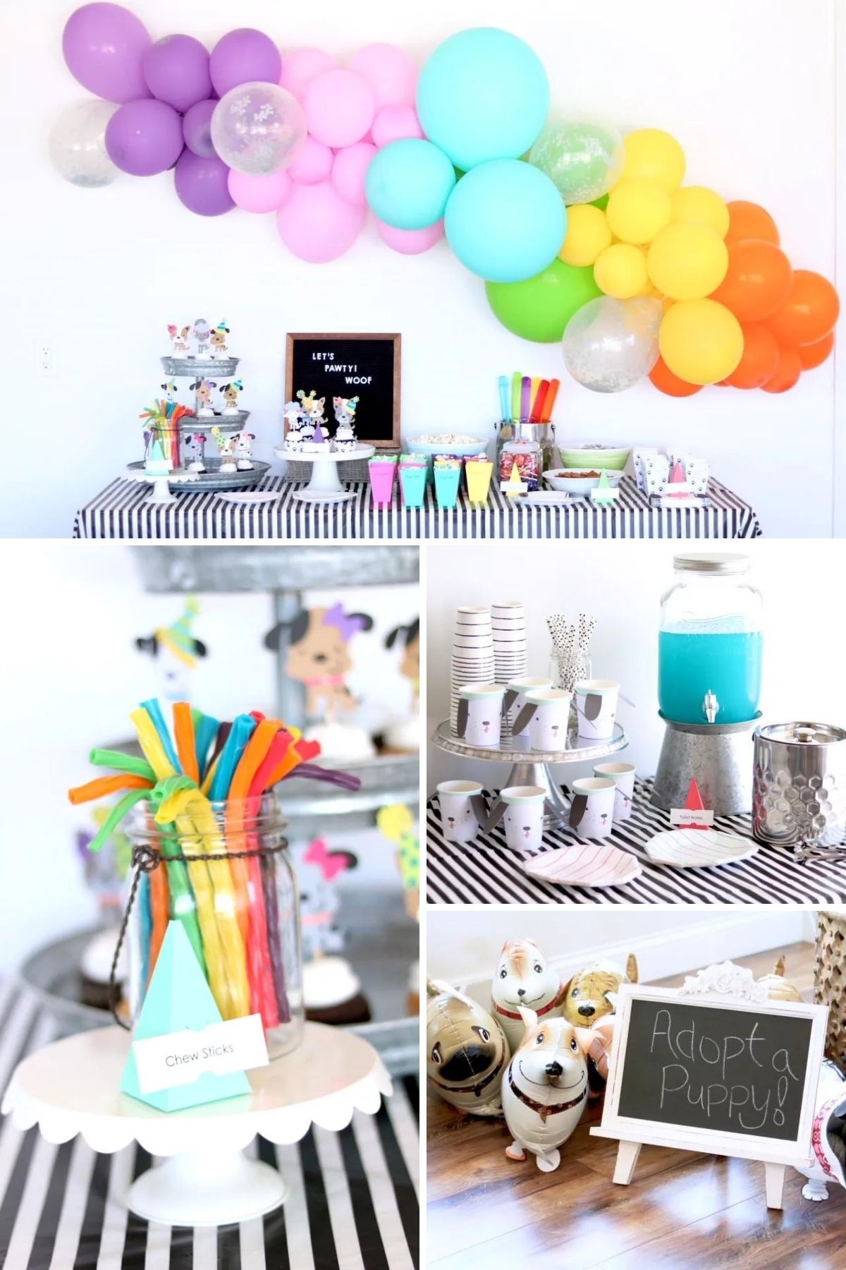 Photo collage for lets paw-ty party theme including balloon garlands, table settings, and party favors.