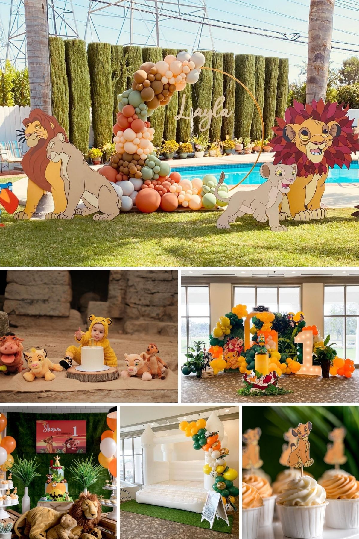 Photo collage for Lion King party theme including balloons, cupcakes, and characters.