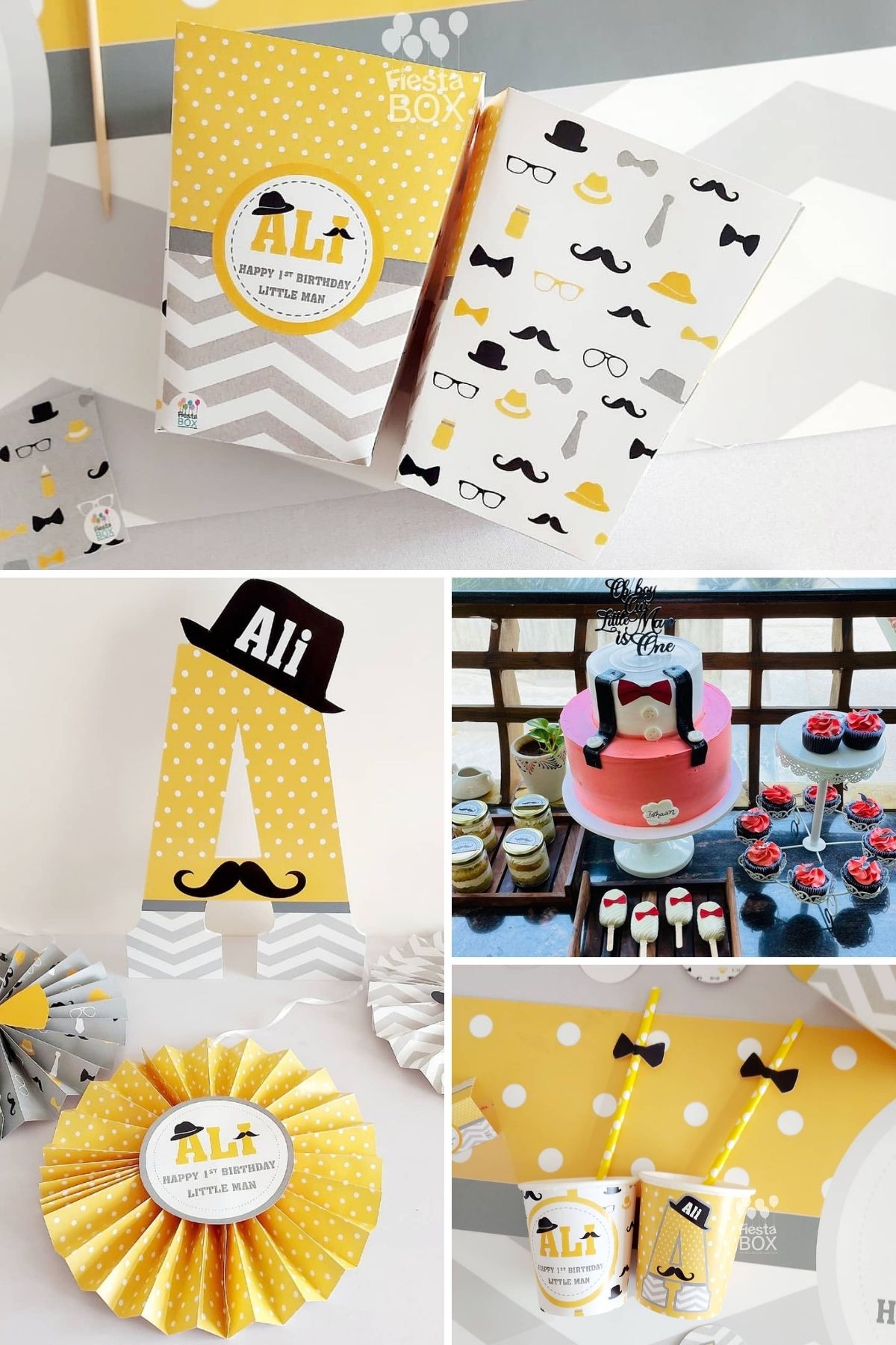 Photo collage for little man party theme including party favors, decorations, and a cake.
