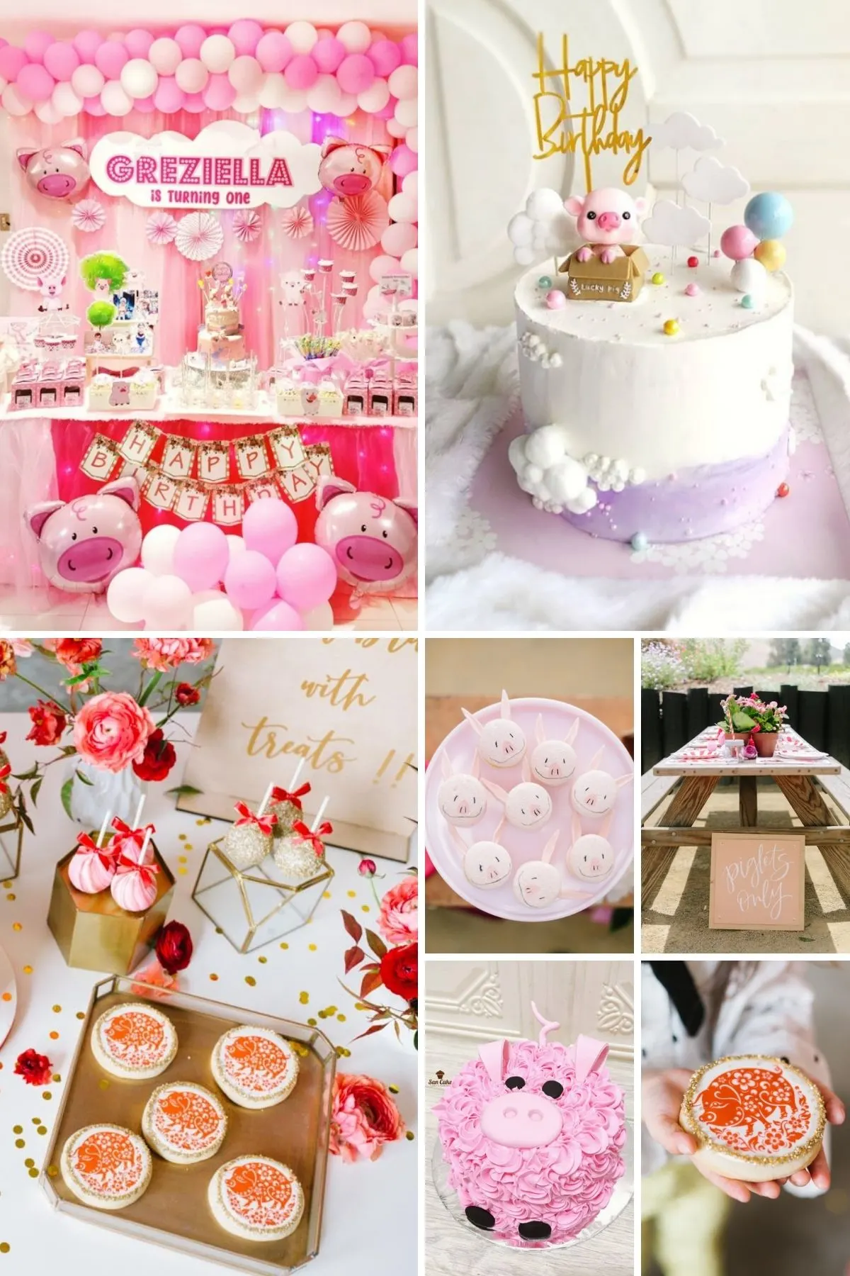 Photo collage for little piggy party theme including cakes, cookies, and party favors.