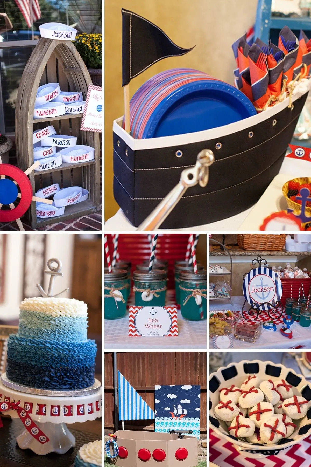 Photo collage for nautical party theme including cakes, ship decorations, and party favors.