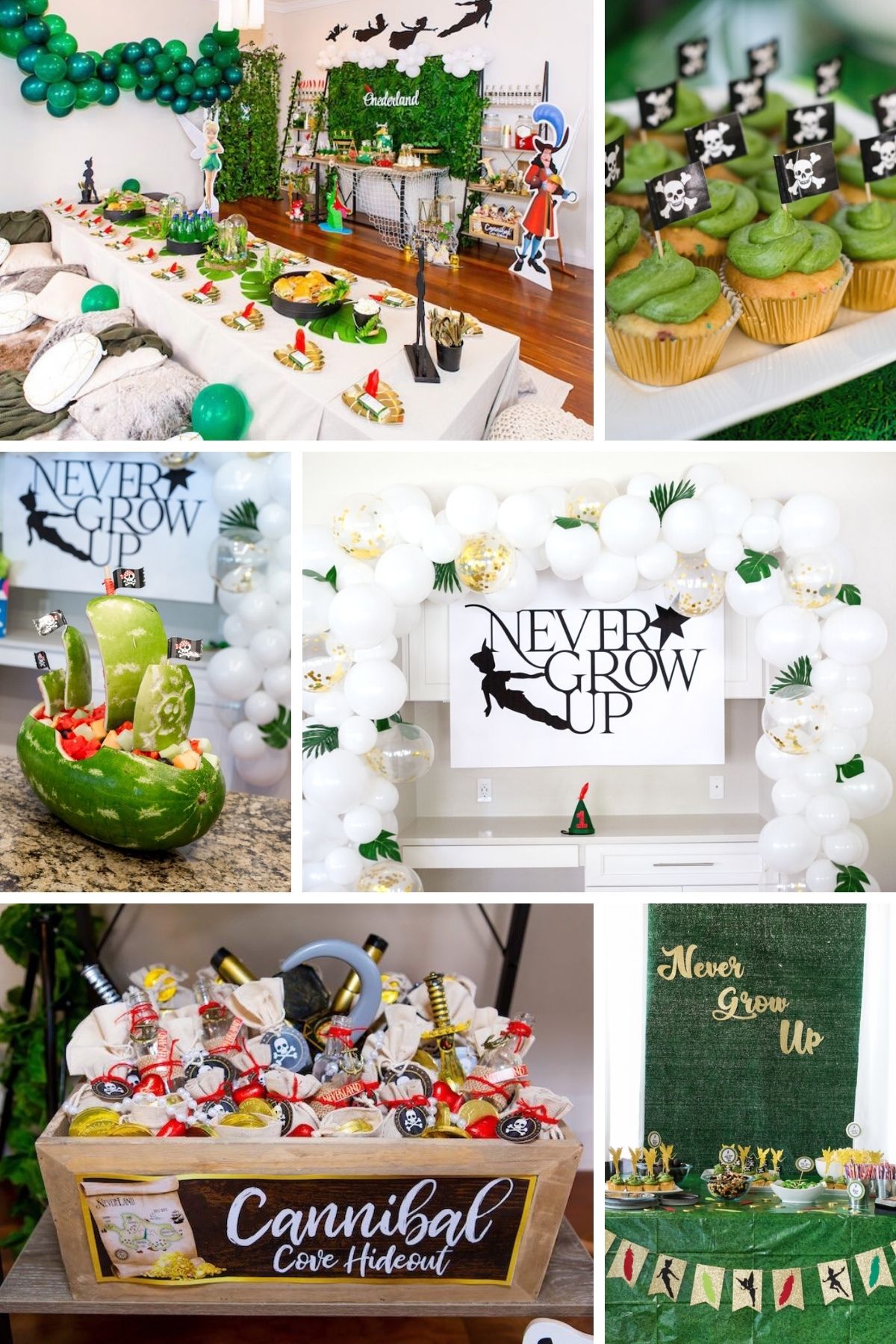 Photo collage for never grow up party theme including cakes, table settings, and cupcakes.