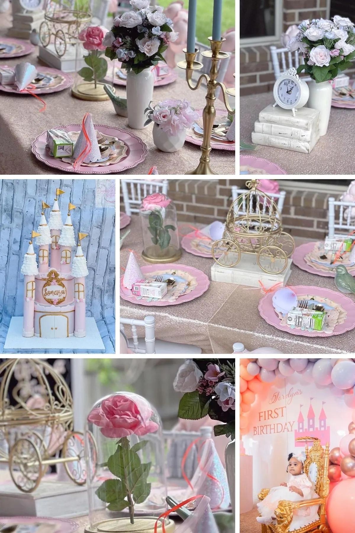 Photo collage for once upon a time party theme including cakes, table settings, and decorations.