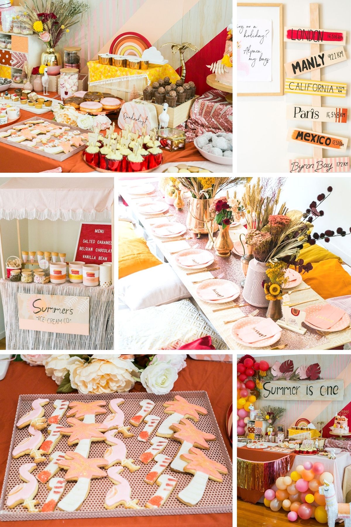 Photo collage for onederlust party theme including cookies, cake, and table settings.