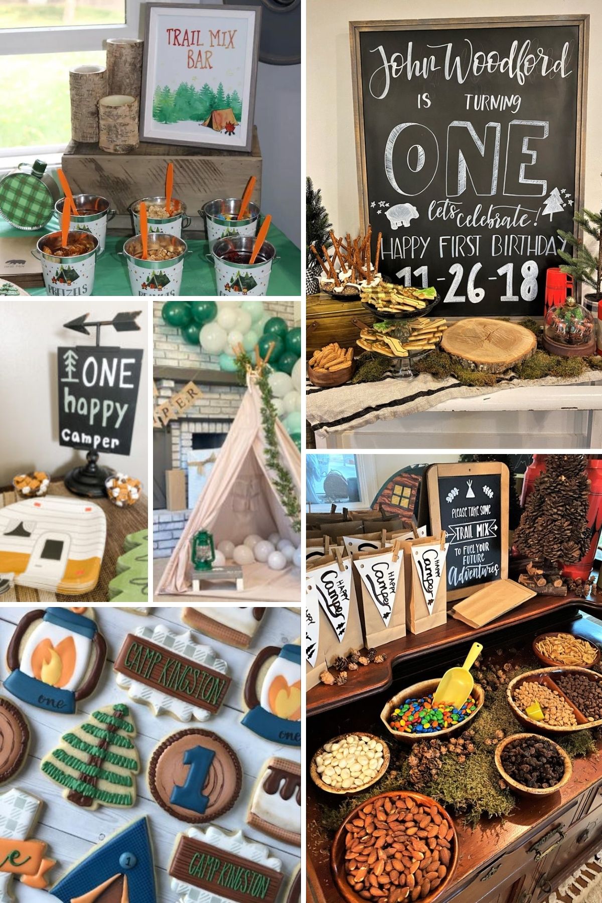 Photo collage for one happy camper party theme including party signs, cookies and table scapes.
