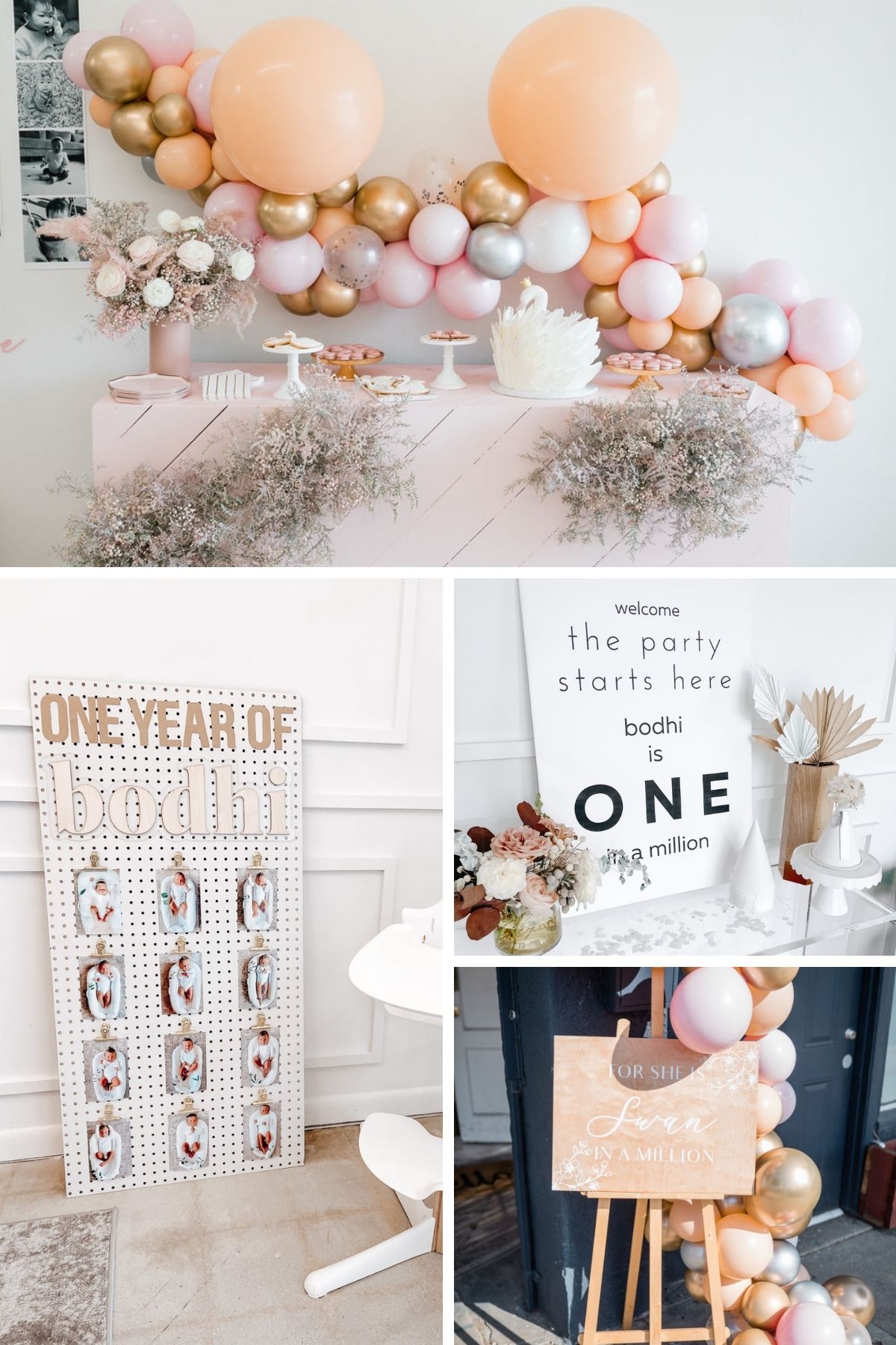Photo collage from one in a million party theme including balloon garland, party sign and table scape.
