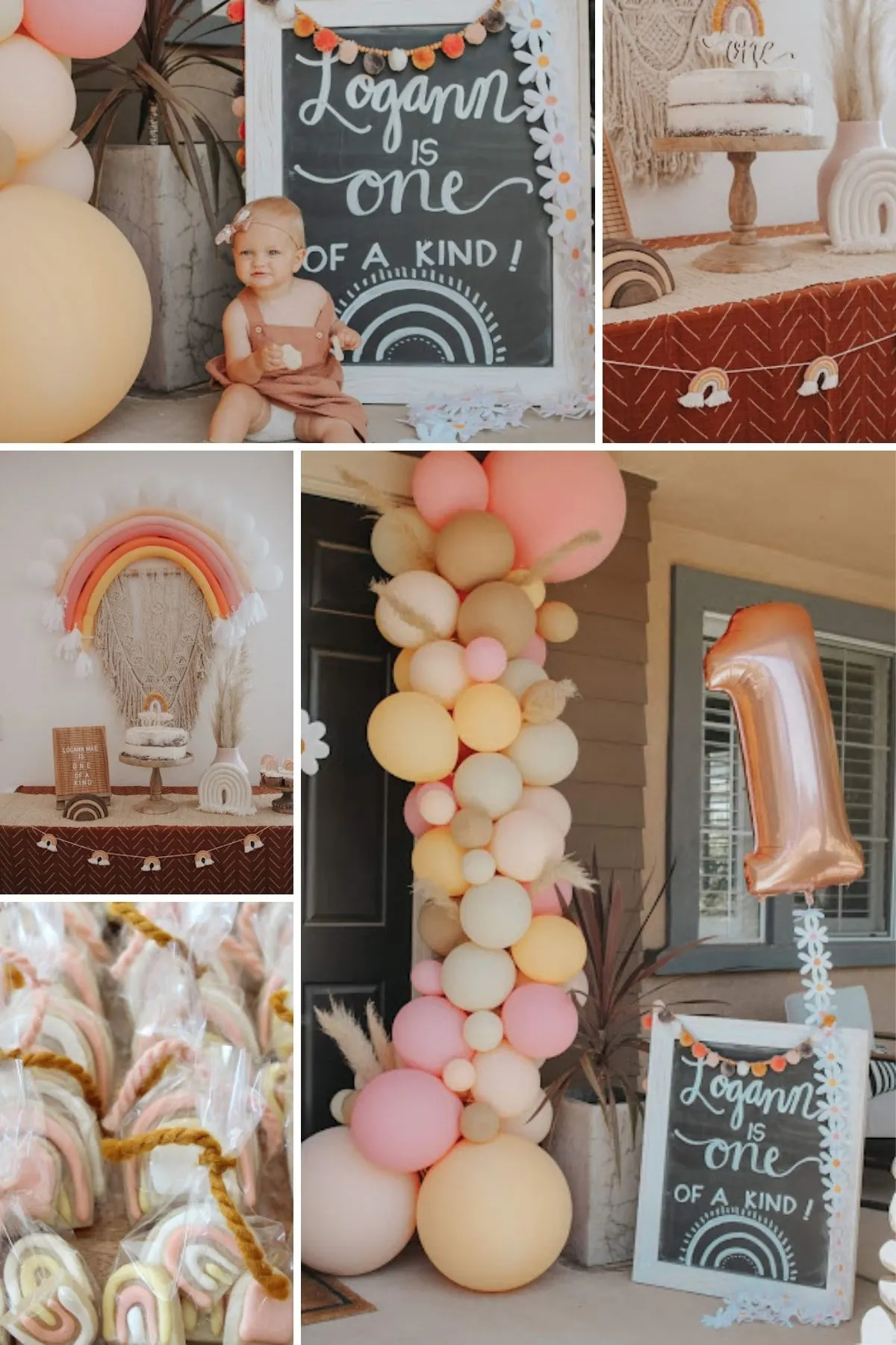 Photo collage from one of the kind party theme including balloon garland, cookies, and cake.