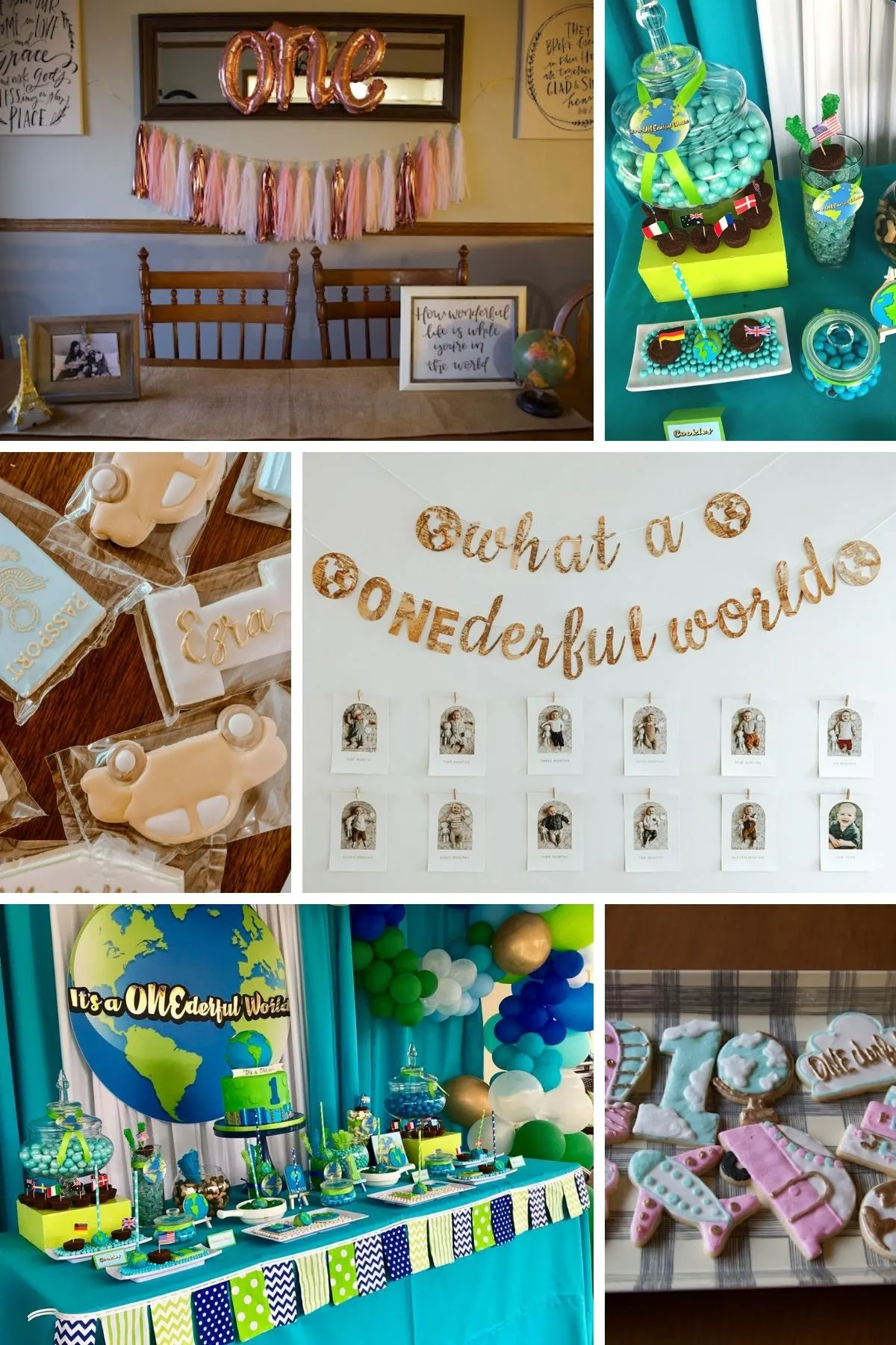 Photo collage from onederful world party theme including cookies, garlands, and dessert tables.
