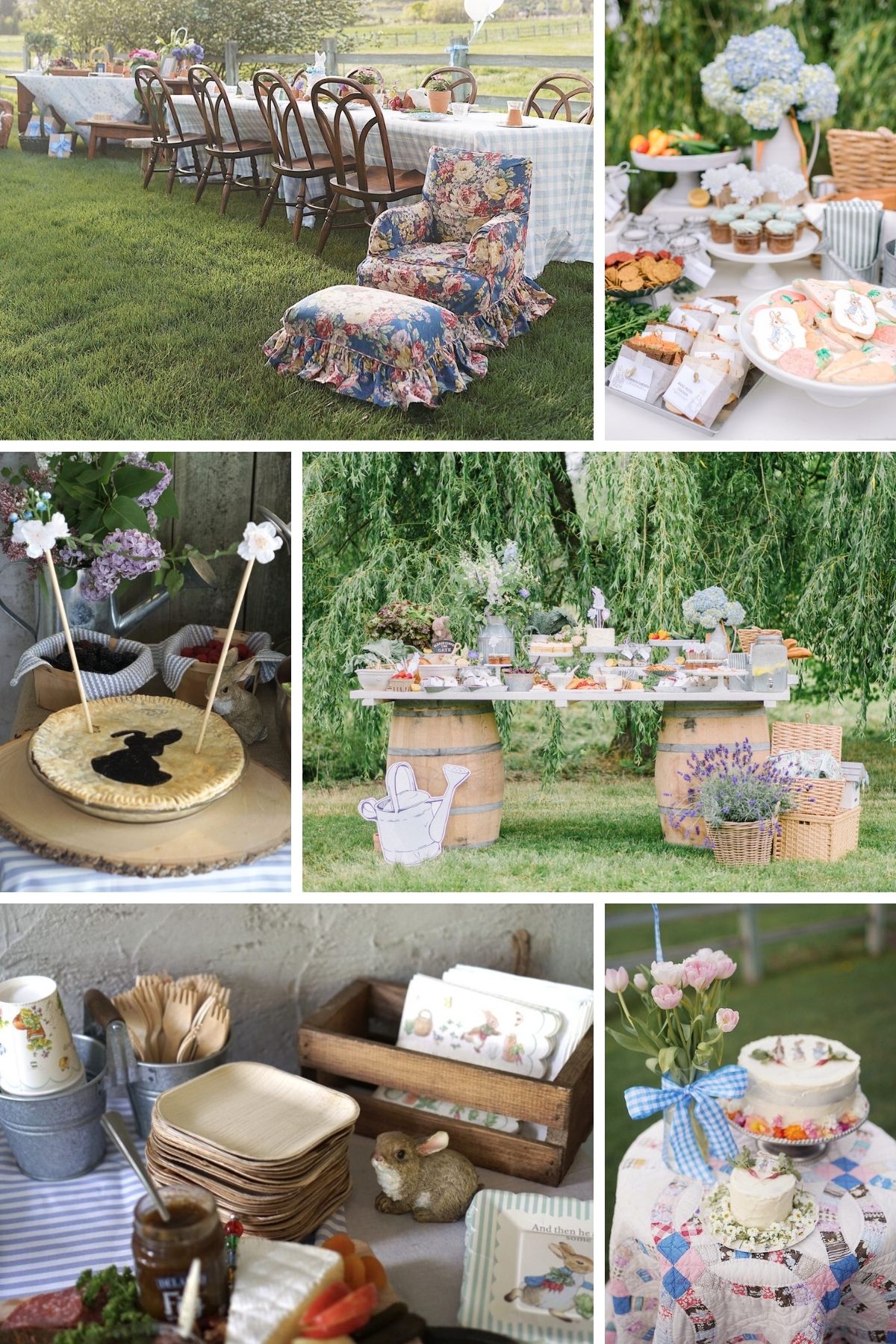 Photo collage for Peter Rabbit party theme including cakes, tablescapes, and party favors.