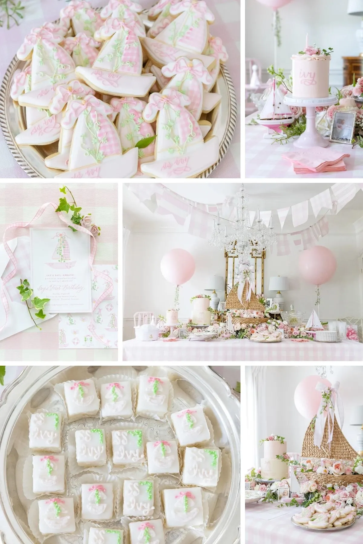 Photo collage from pink sailboat party theme including cookies, cake, and table scape.