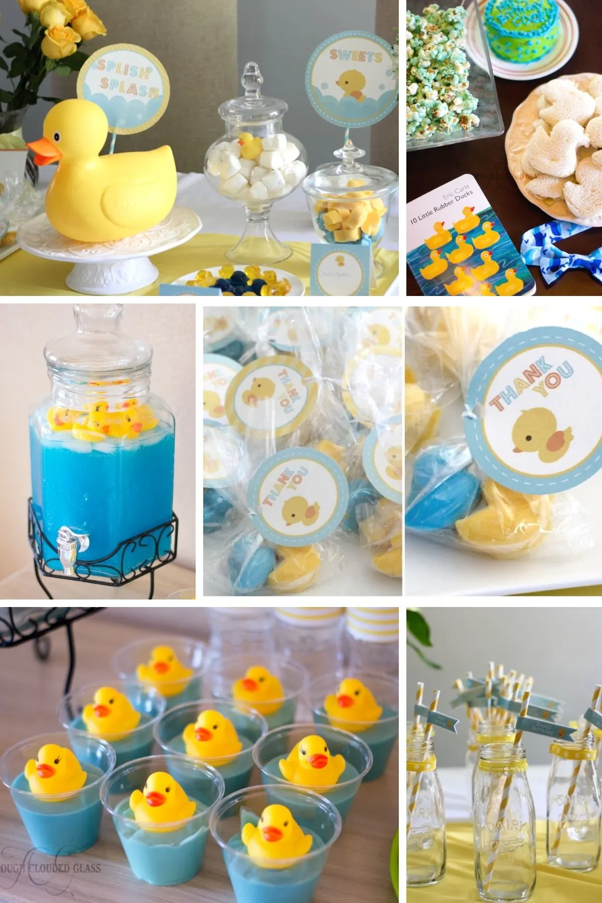 Photo collage for rubber ducky party theme including, drink station, party favors, and party treats.
