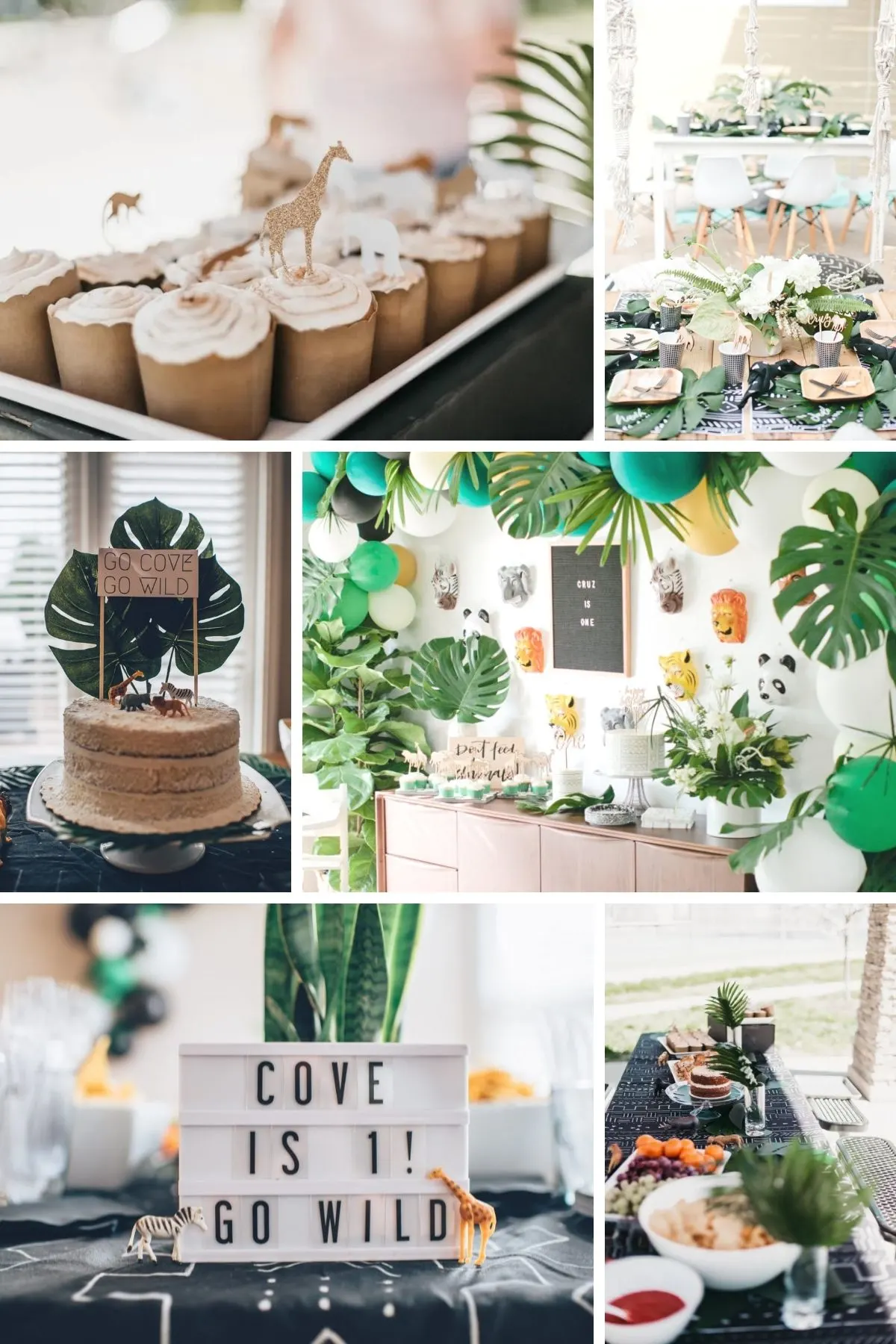 Photo collage from safari/jungle party theme including cupcakes, cake, and party sign.